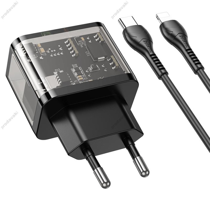 Мережевий зарядний пристрій HOCO N34 dazzling dual-port Lightning cable 20W Transparent-black