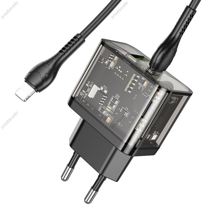 Мережевий зарядний пристрій HOCO N34 dazzling dual-port Lightning cable 20W Transparent-black