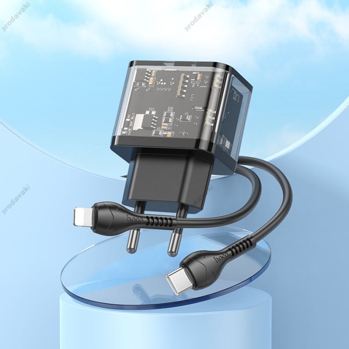 Мережевий зарядний пристрій HOCO N34 dazzling dual-port Lightning cable 20W Transparent-black