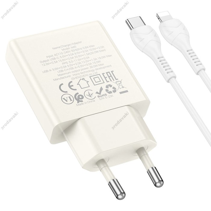 Мережевий зарядний пристрій HOCO N45 Biscuit charger Lightning cable 30W White
