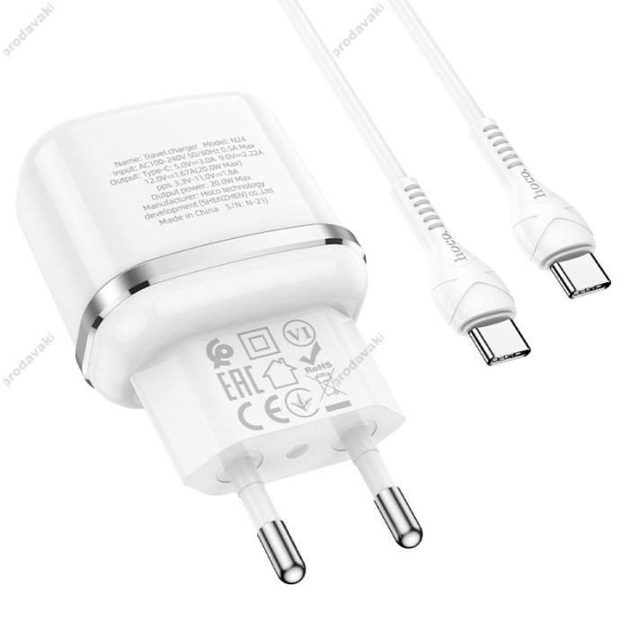 Мережевий зарядний пристрій HOCO N24 Victorious single port charger Type-C cable 20W White