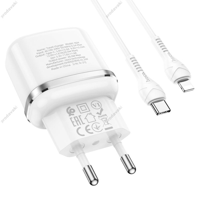 Мережевий зарядний пристрій HOCO N24 Victorious single port charger Lightning cable 20W White