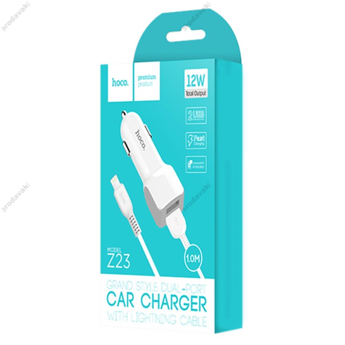 Автомобільний зарядний пристрій Hoco Z23 lightning 2USB White