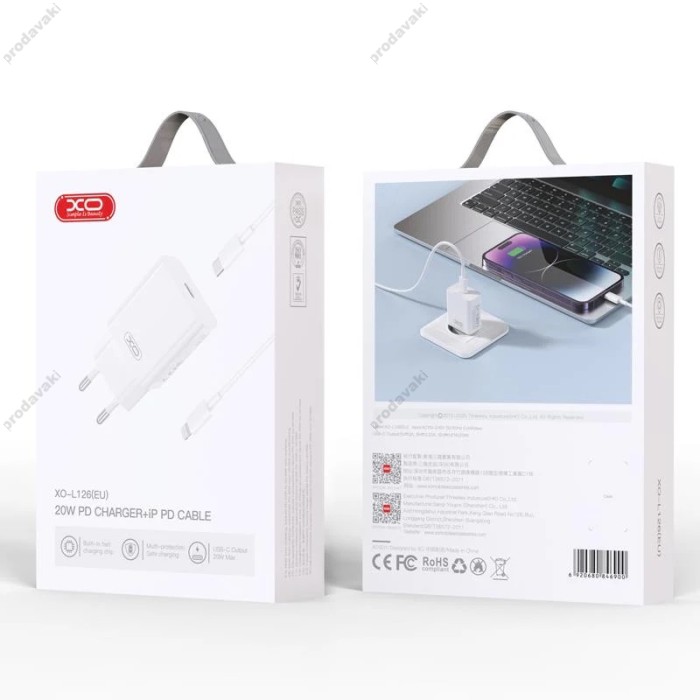 Мережевий зарядний пристрій XO L126 Fast Charging Charger Lightning cable 20W White