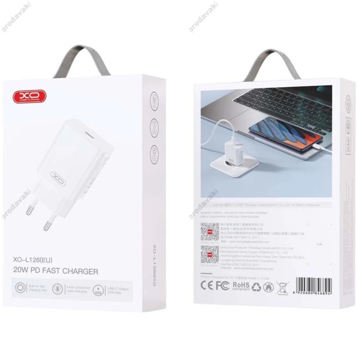 Мережевий зарядний пристрій XO L126 Fast Charging Charger Type-C cable 20W White