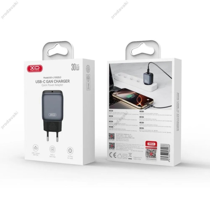 Мережевий зарядний пристрій XO L155 USB-C Fast Charger 30W Black