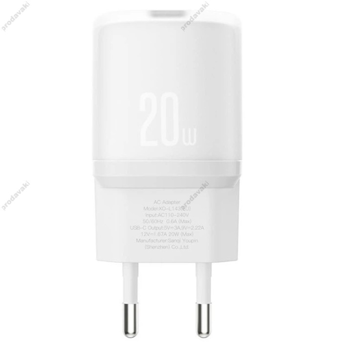 Мережевий зарядний пристрій XO L143 Single USB-C Fast Charger 20W White