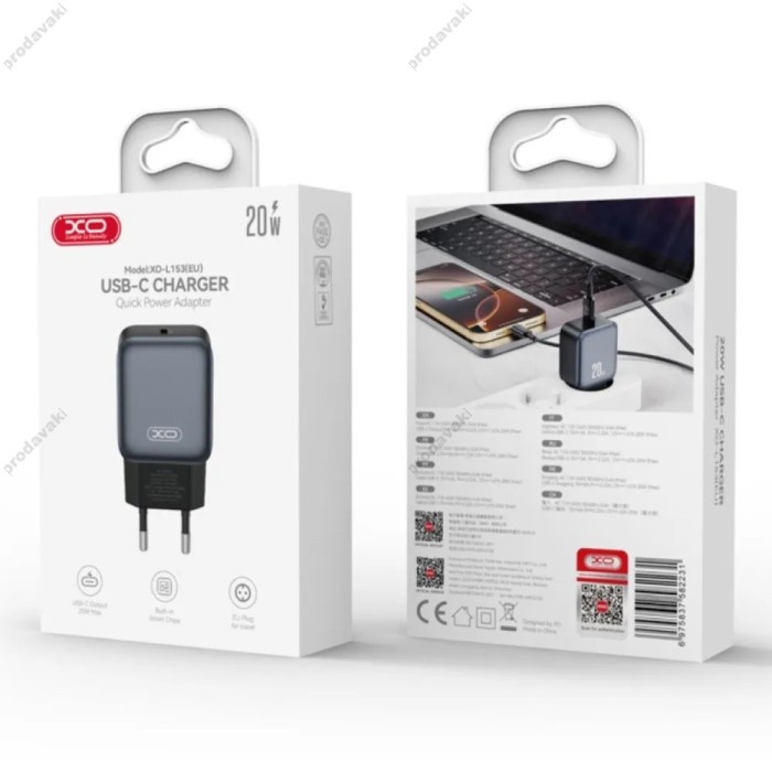 Мережевий зарядний пристрій XO L153 USB-C Fast Charger 20W Black