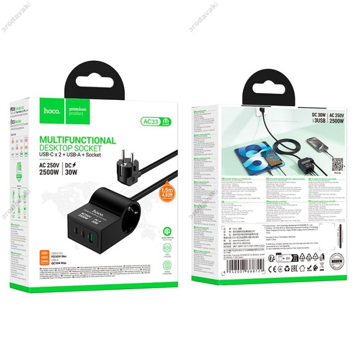 Подовжувач мережі фільтр HOCO AC33 Win 1 position PD desktop socket 1.5m Black