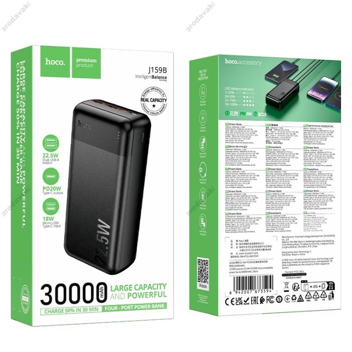 Повербанк портативний акумулятор Power bank Hoco J159B Essence fully compatible 22.5W 30000 mAh Black