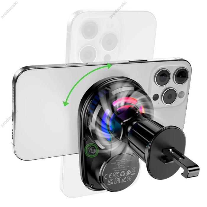 Автомобільний тримач із бездротовою зарядкою Hoco HW36 electric rotating magnetic wireless 15W Black