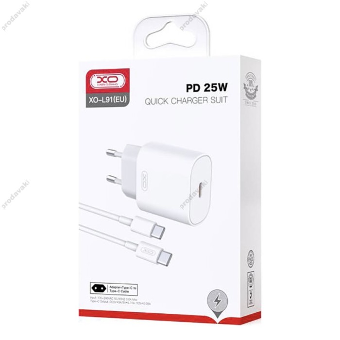 Мережевий зарядний пристрій XO L91 Fast Charger with Type-C cable 25W White