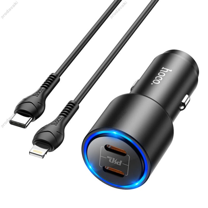 Автомобільний зарядний пристрій HOCO NZ3 Clear way dual port PD Car charger Lightning Cable 40W Black