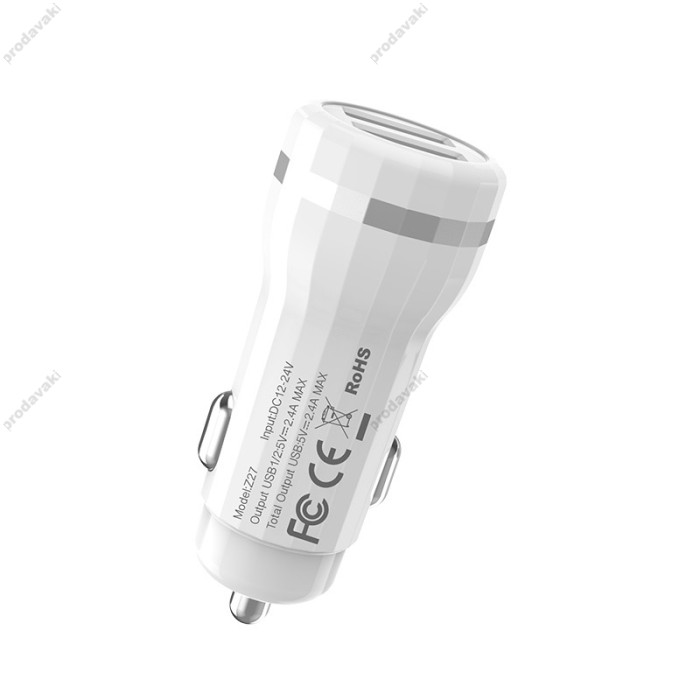 Автомобільний зарядний пристрій Hoco Z27 Lightning cable 2USB 2.4A White