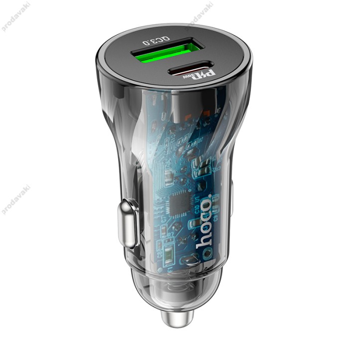 Автомобільний зарядний пристрій Hoco Z47A Transparent Discovery Edition Lightning Cable 30W Black