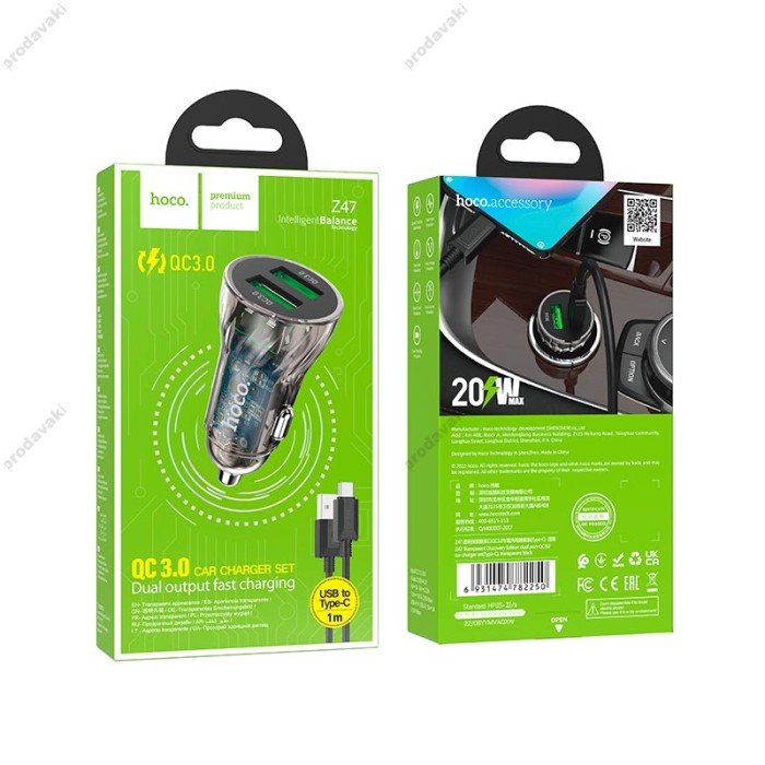 Автомобільний зарядний пристрій HOCO Z47 Transparent Discovery Edition Type-C cable 20W Black