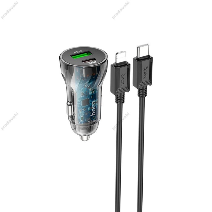 Автомобільний зарядний пристрій Hoco Z47A Transparent Discovery Edition Lightning Cable 30W Black