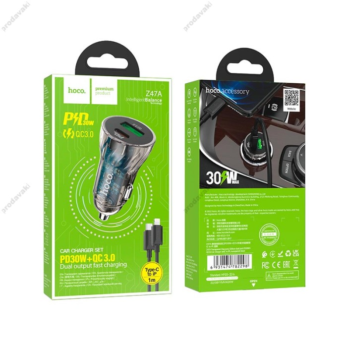 Автомобільний зарядний пристрій Hoco Z47A Transparent Discovery Edition Lightning Cable 30W Black