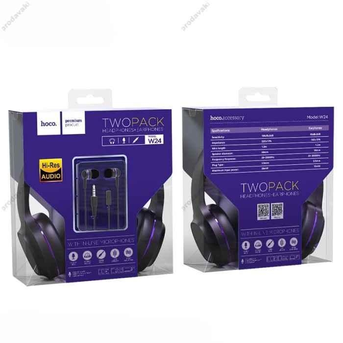 Дротові навушники HOCO W24 Enlighten headphones with mic set Black-purple