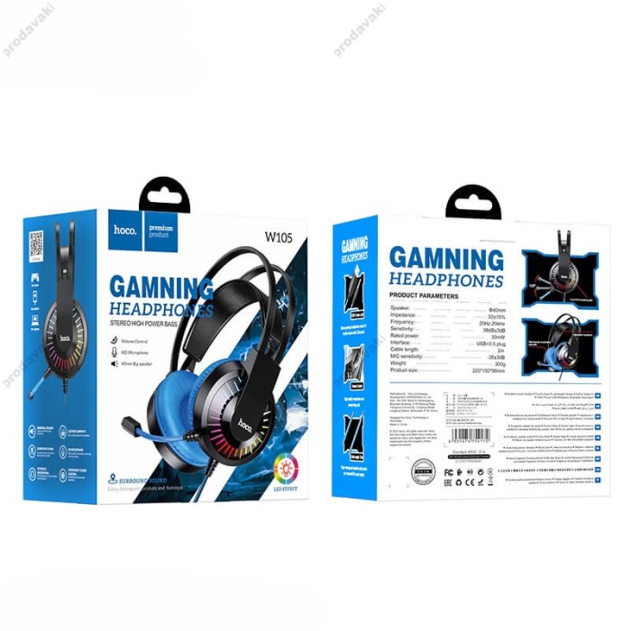 Дротові навушники HOCO W105 LED Joyful Gaming Headphones HD Mic Black-blue