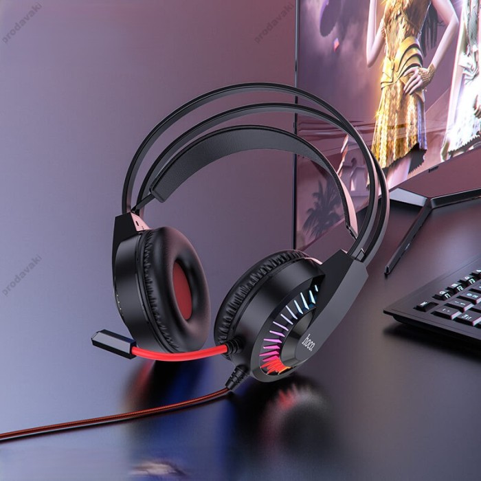 Дротові навушники HOCO W105 LED Joyful Gaming Headphones HD Mic Black-red