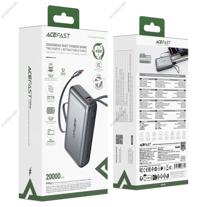 Повербанк портативний акумулятор Power bank ACEFAST M34 PD fast charging 45W 20000 mAh Grey