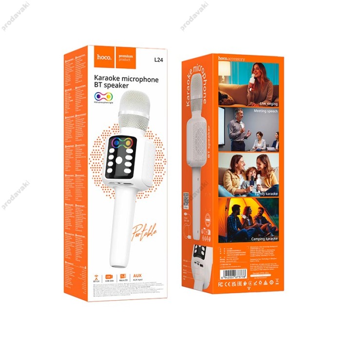 Портативна колонка-мікрофон HOCO L24 Shine karaoke microphone BT5.4, USB/TF/AUX RGB BT 5.4 White