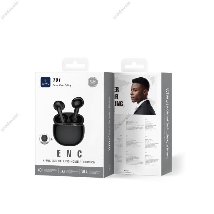 Бездротові Bluetooth навушники WiWU T31 Earbuds ENC True Wireless BT 5.3 Black