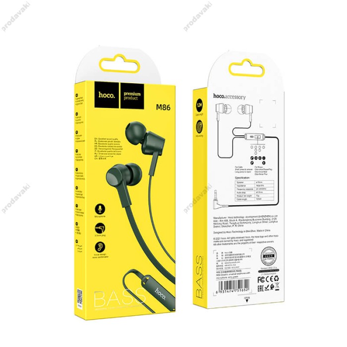 Дротові навушники HOCO M86 Oceanic universal earphones with mic 3.5mm Green