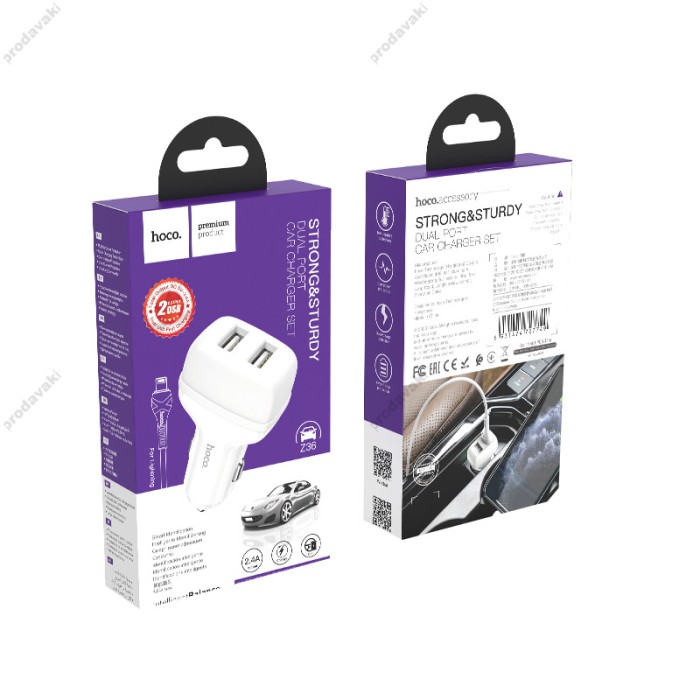 Автомобільний зарядний пристрій Hoco Z36 Leader Lightning Cable 2USB 2.4A White
