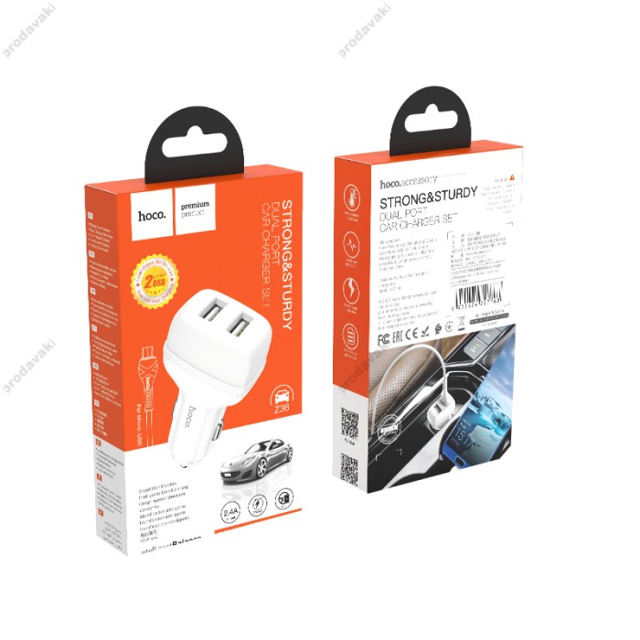Автомобільний зарядний пристрій Hoco Z36 Leader Micro USB Cable 2USB 2.4A White