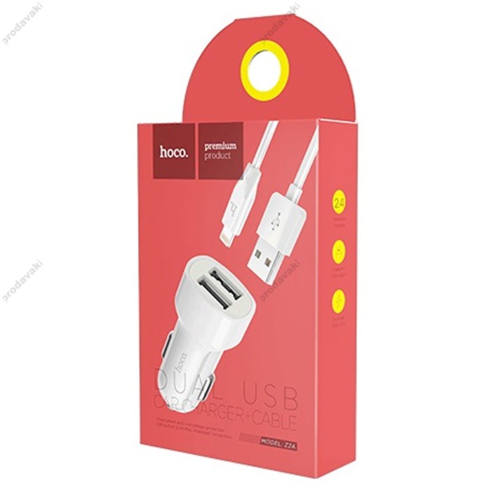 Автомобільний зарядний пристрій Hoco Z2A Lightning cable 2USB 2.4A White