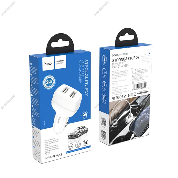 Автомобільний зарядний пристрій Hoco Z36 Leader 2USB 2.4A White