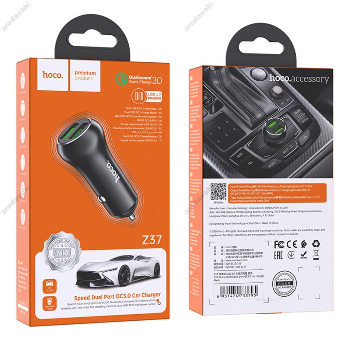 Автомобільний зарядний пристрій Hoco  Z37 Sharp speed dual port Car charger 3A 36W Black