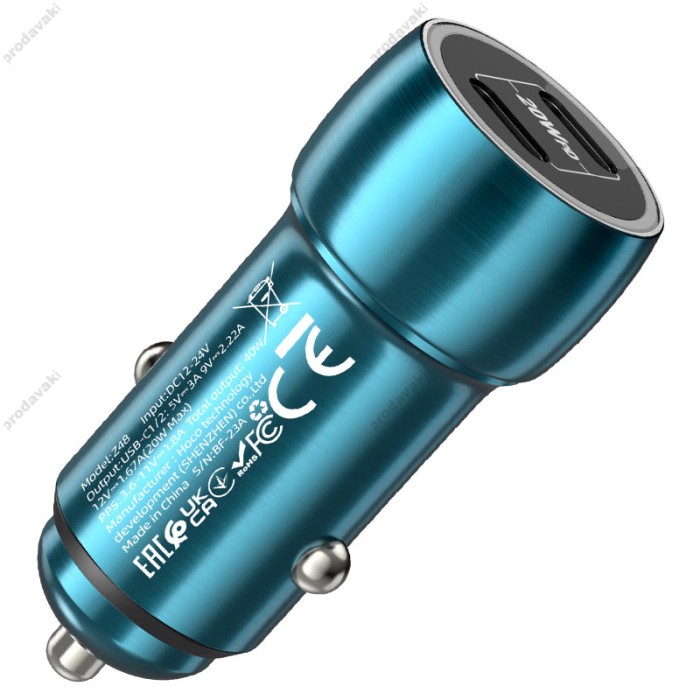 Автомобільний зарядний пристрій Hoco Z48 Tough dual port car charger Type-C Cable 3A 40W Sapphire-blue
