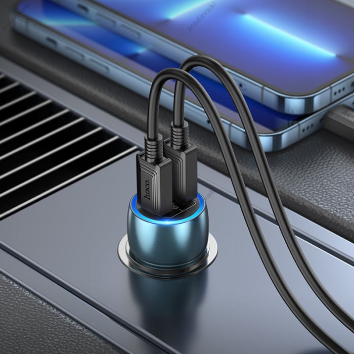 Автомобільний зарядний пристрій Hoco Z48 Tough dual port car charger Type-C Cable 3A 40W Sapphire-blue