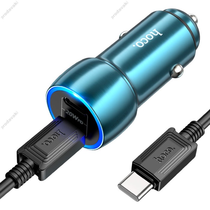 Автомобільний зарядний пристрій Hoco Z48 Tough dual port car charger Type-C Cable 3A 40W Sapphire-blue
