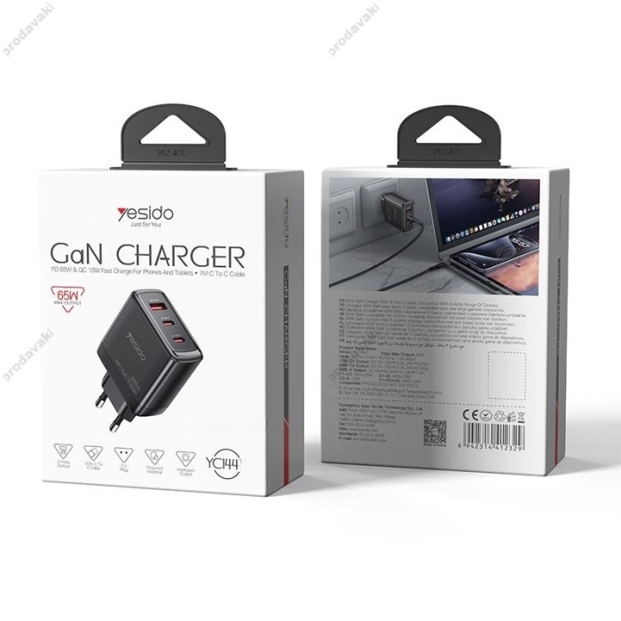Мережевий зарядний пристрій Yesido YC144 GaN 65W Black