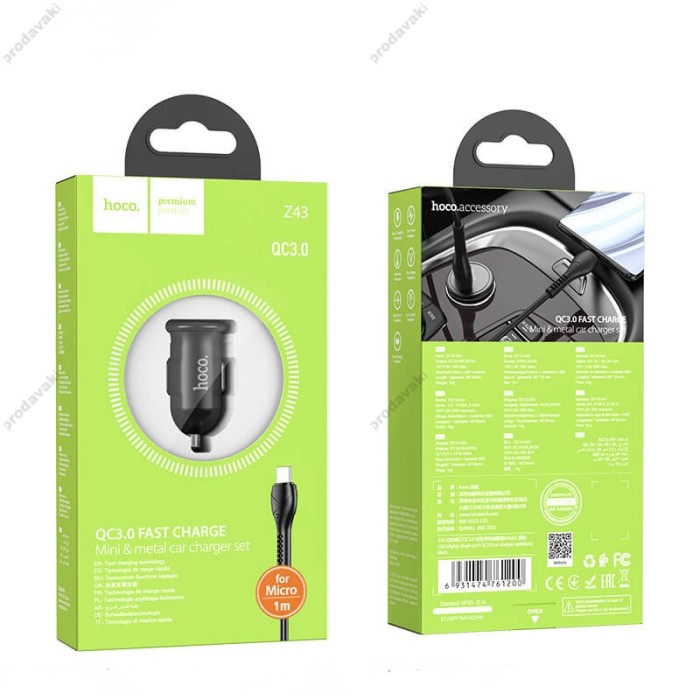 Автомобільний зарядний пристрій Hoco Z43 Mighty single port Micro USB Cable 3A 18W Black