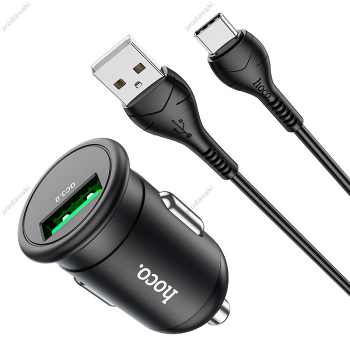Автомобільний зарядний пристрій Hoco Z43 Mighty single port Type-C Cable 3A 18W Black
