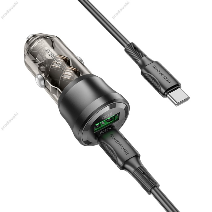 Автомобільний зарядний пристрій BOROFONE BZ25 Journey Car charger Type-C cable 3A 38W Transparent Black