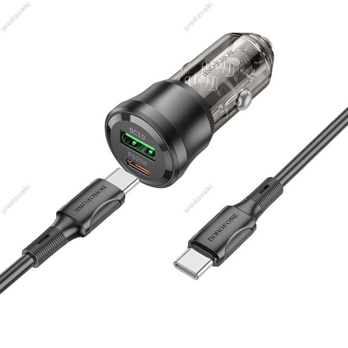 Автомобільний зарядний пристрій BOROFONE BZ25 Journey Car charger Type-C cable 3A 38W Transparent Black