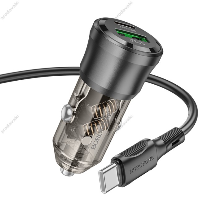 Автомобільний зарядний пристрій BOROFONE BZ25 Journey Car charger Type-C cable 3A 38W Transparent Black