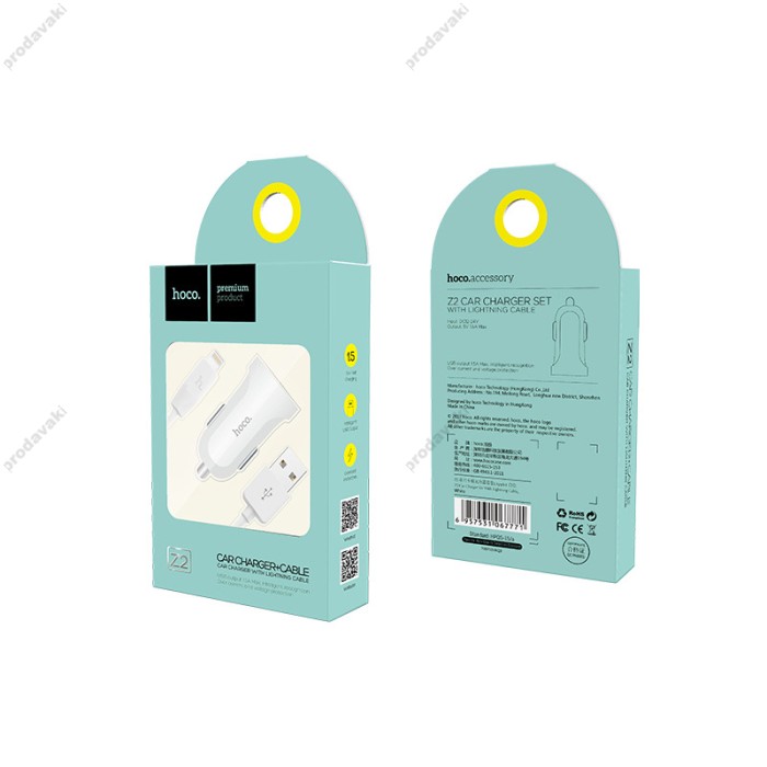 Автомобільний зарядний пристрій Hoco Z2 Lightning cable 1.5А White