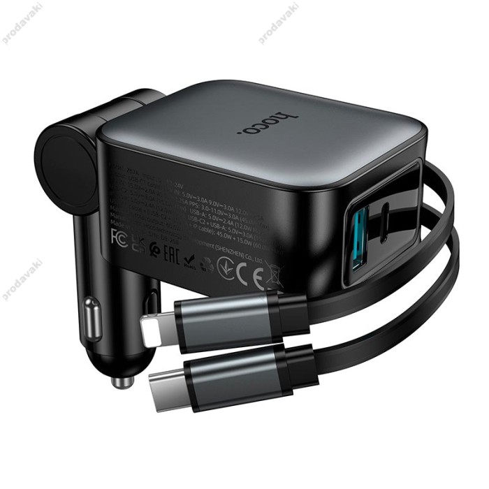 Автомобільний зарядний пристрій Hoco Z67A Triunfar car charger with telescopic 60W Grey