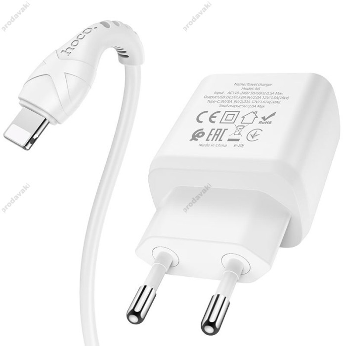 Мережевий зарядний пристрій HOCO N5 Favor dual port Lightning cable 20W White