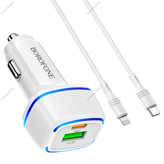 Автомобільний зарядний пристрій BOROFONE BZ14A Mercury + Cable Type-C to Lightning 20W White