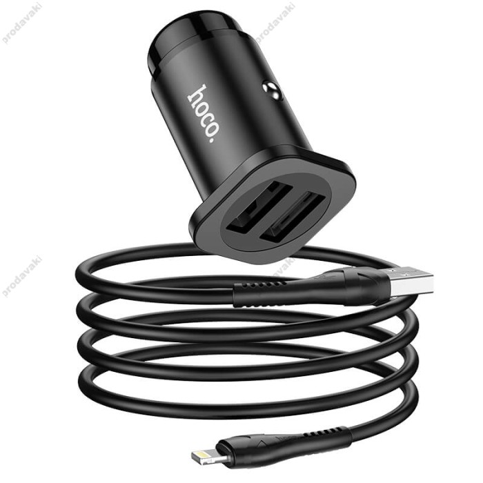 Автомобільний зарядний пристрій HOCO NZ4 Wise road + Lightning Cable 4.8A 24W Black