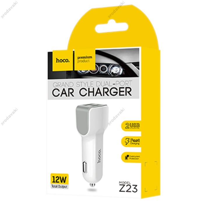 Автомобільний зарядний пристрій адаптер Hoco Z23 2.4A 2USB White