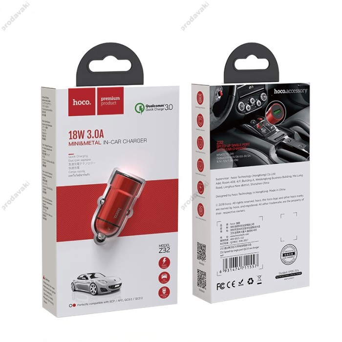 Автомобільний зарядний пристрій Hoco Z32 QC 3.0A 18W Red